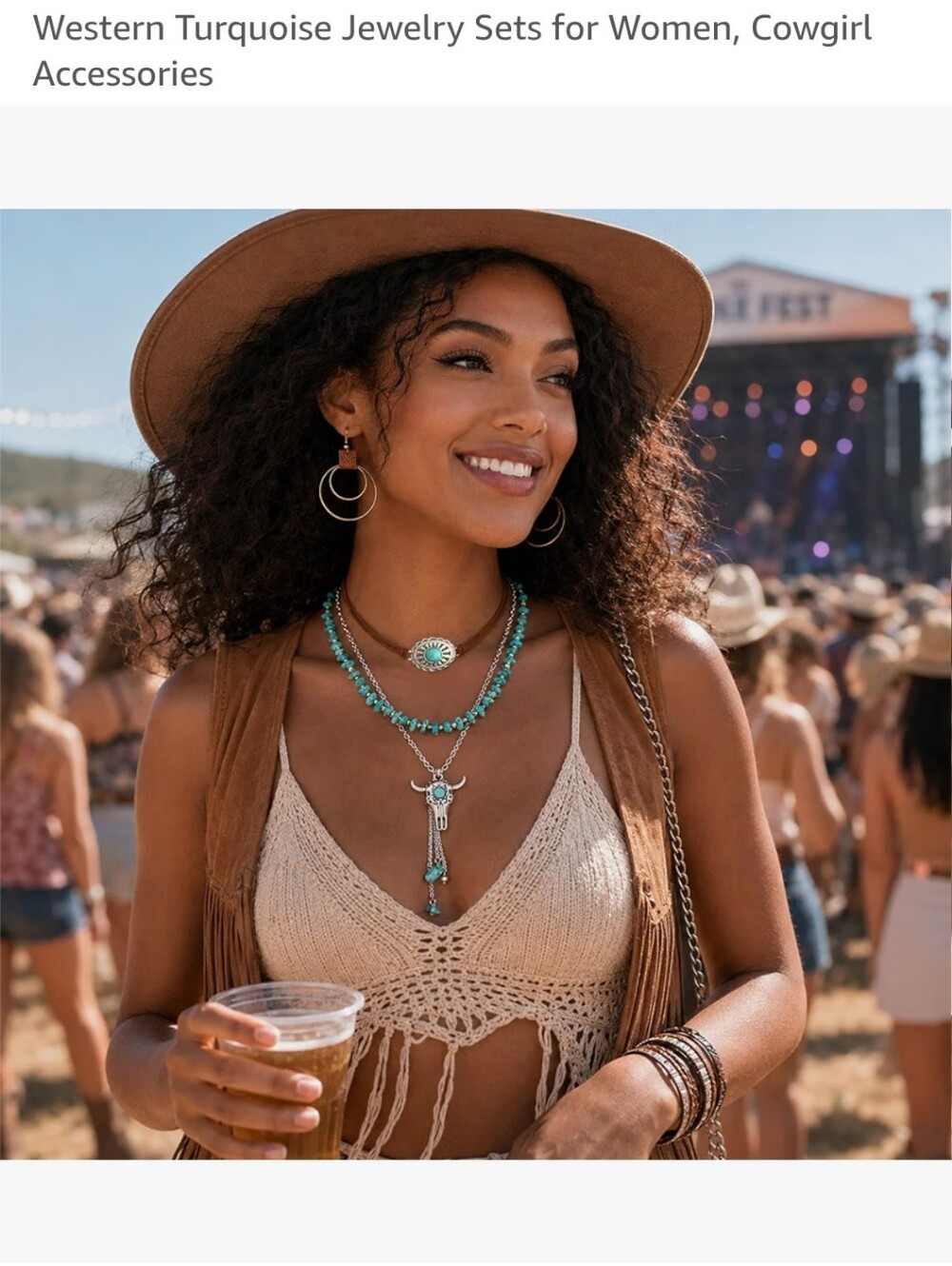 Turquoise Western Layered Necklace Set for Women - Boho Cowgirl Style Braclet An